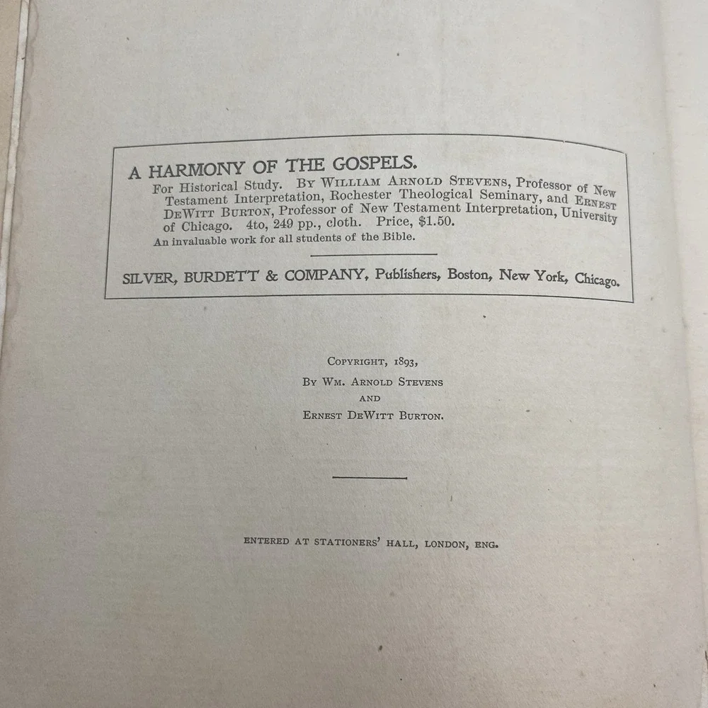 Antique A Harmony Of The Gospels 1900 Stevens + Burton Synopsis of the 4 Gospels